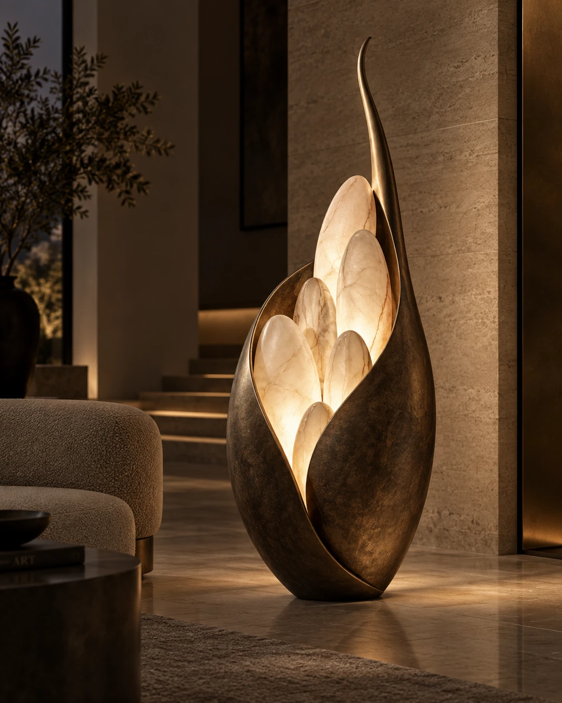 Calyx Bloom Light with glowing veined petals inside a dark sculptural shell