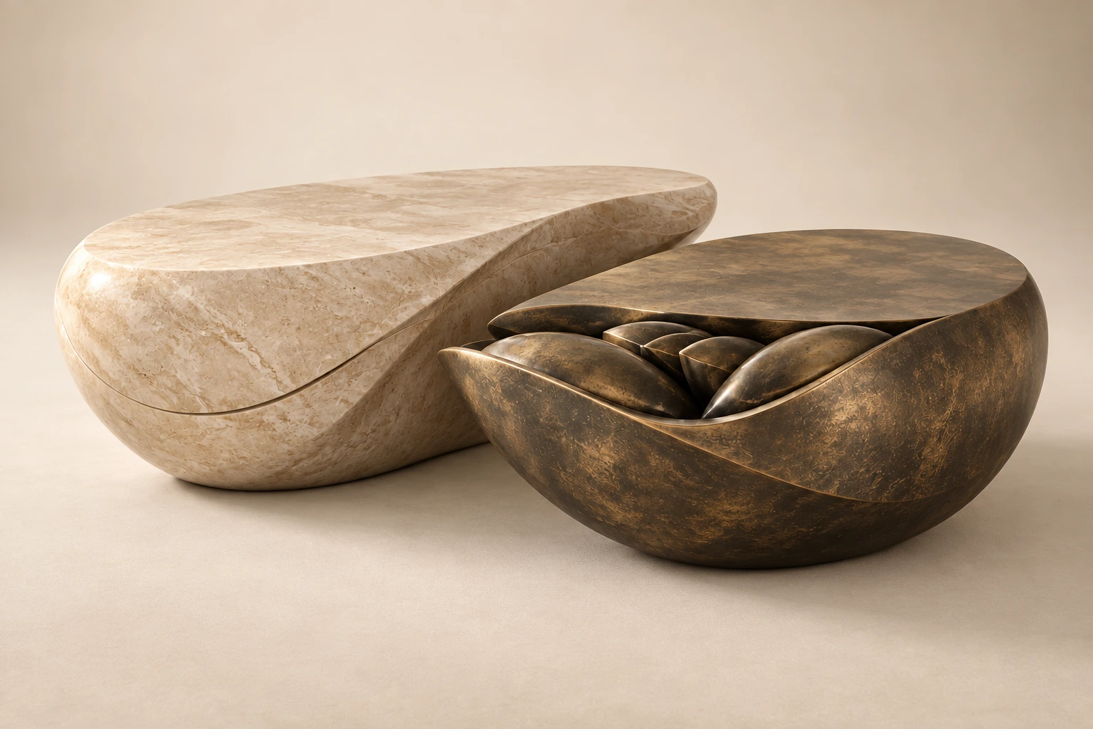 Calyx Nest Tables shown without props, with stone seed and bronze-toned petal forms