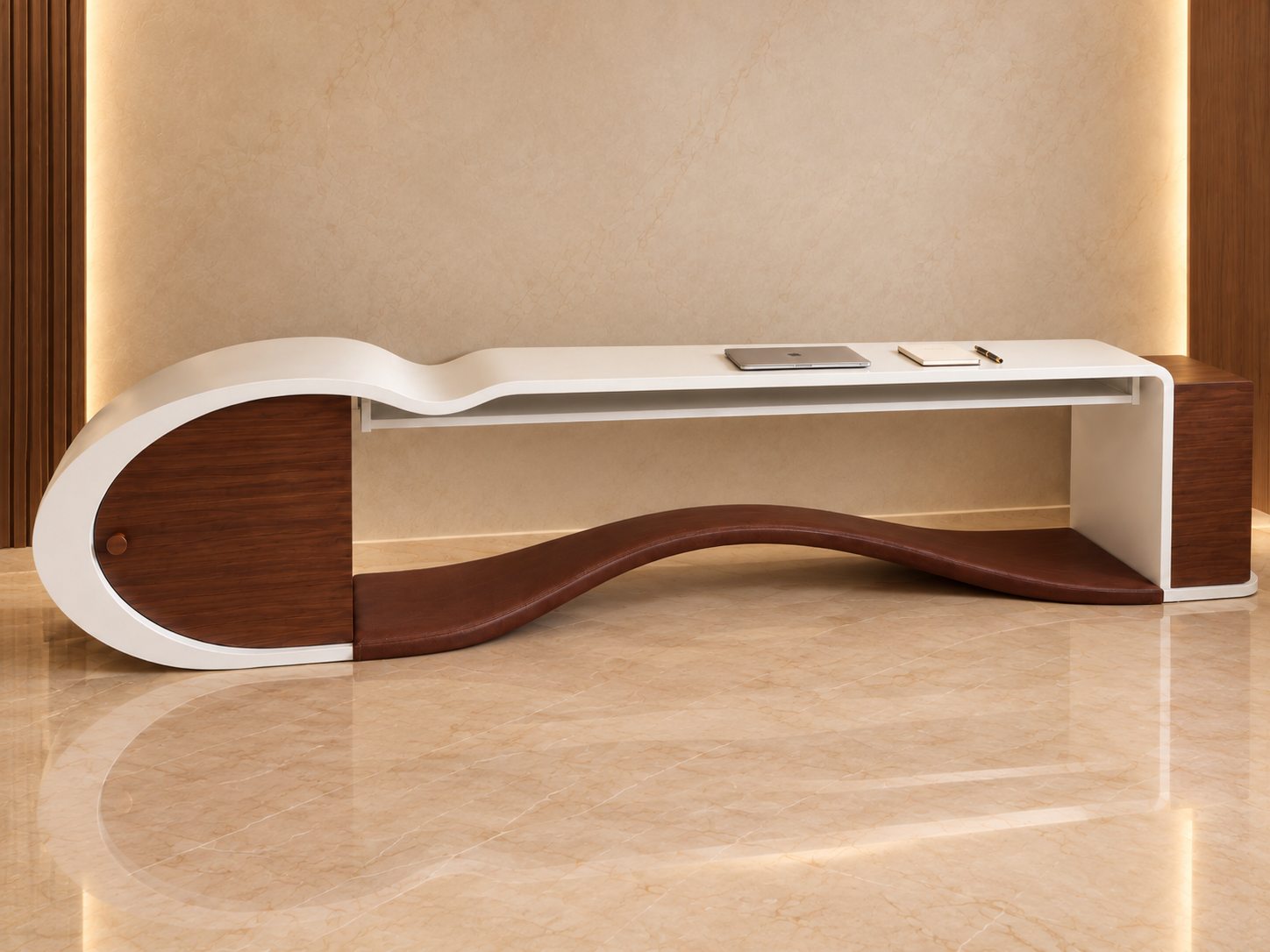 Contour Study Table with a pale curved top, timber storage and a wave-shaped footrest