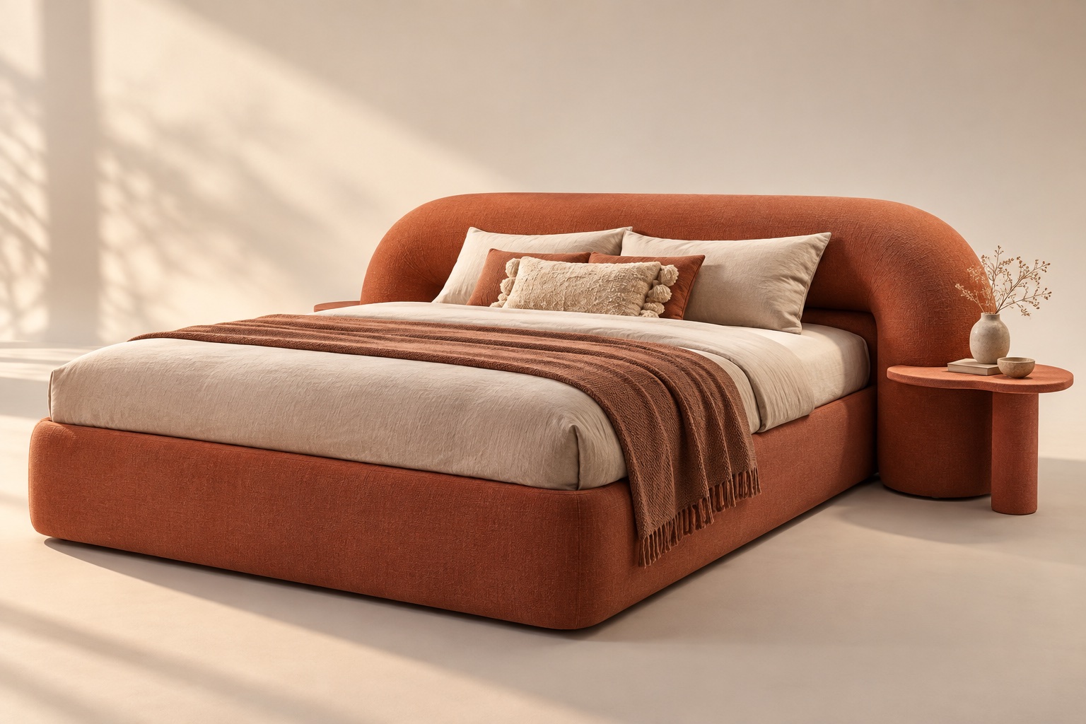 Dune Embrace Bed in warm terracotta upholstery