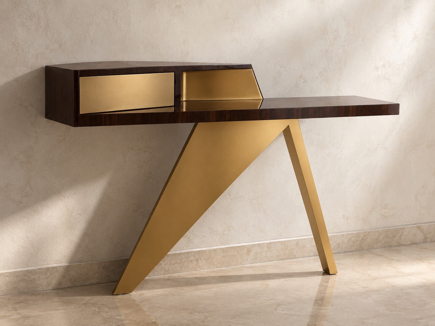 Fold Console in dark timber and warm metal