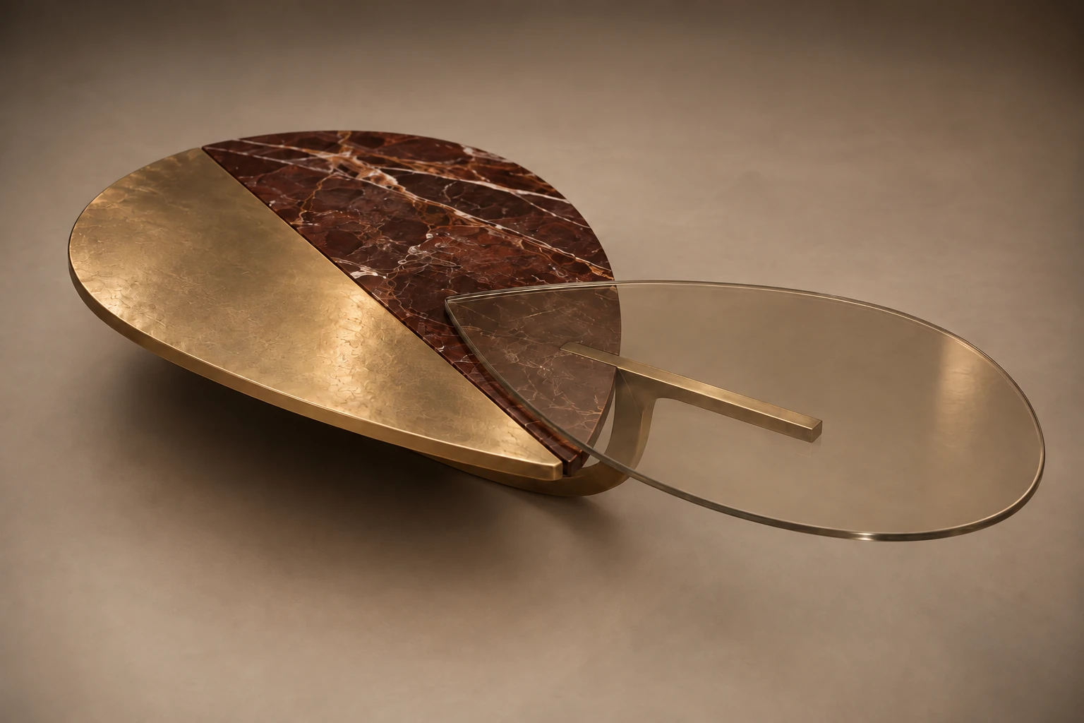 Leaf Table with overlapping stone, warm metal and tinted glass surfaces