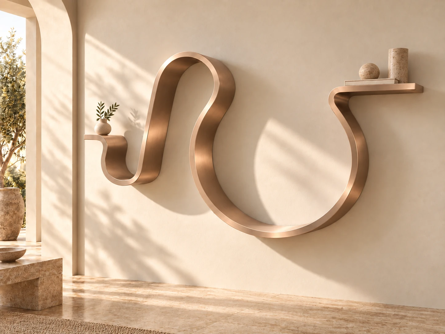 Ribbon Shelf in a warm metallic finish with two sweeping loops